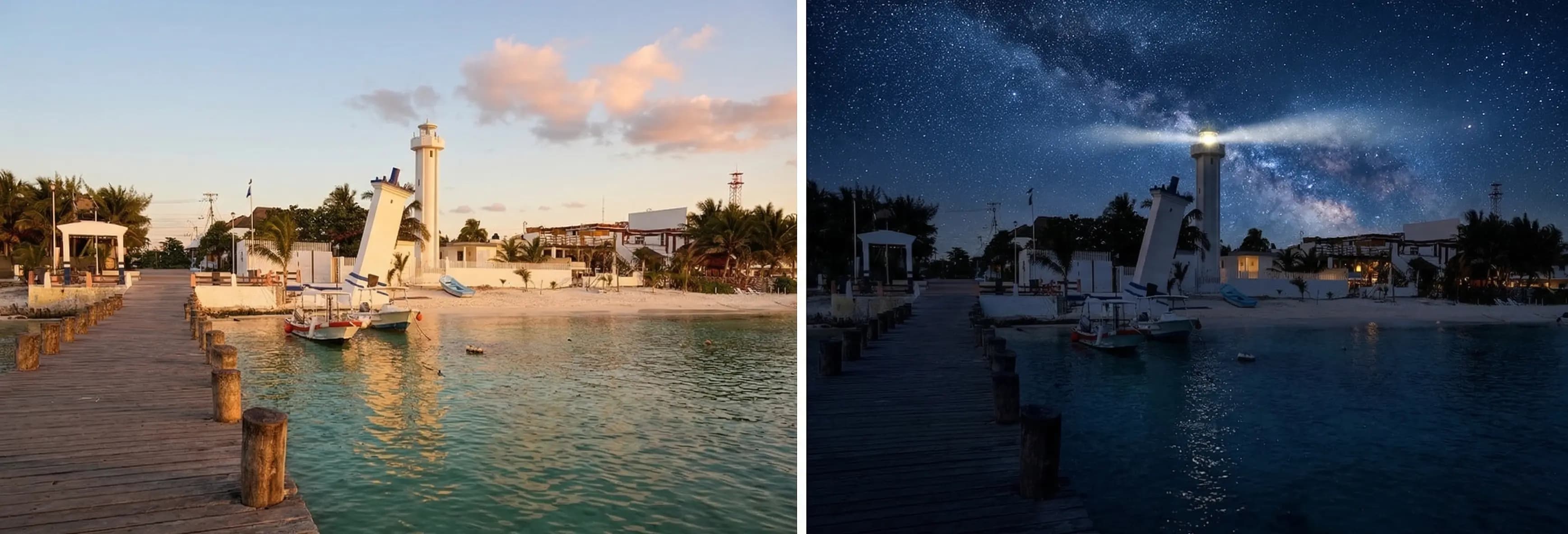 Puerto Morelos — dia y noche